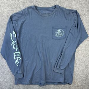 Salt Life Shirt Mens Large Blue Skull Crossed Hooks Long Sleeve Pocket Tee